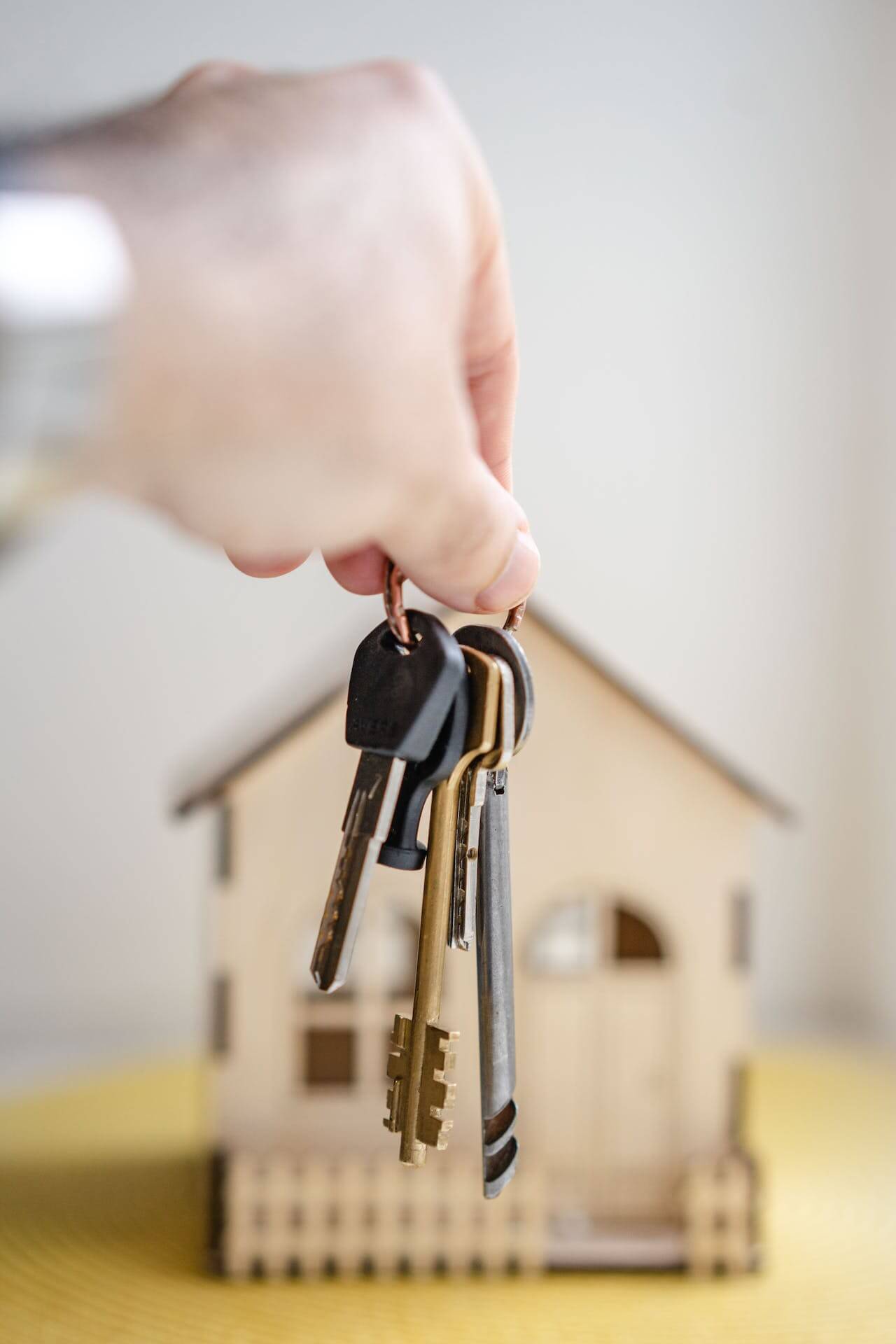 A set of keys held in the foreground with a house in the background